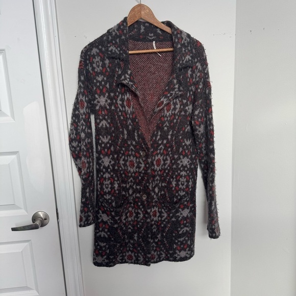 Free People Black South-West Aztec Geo Print Long Cozy Jacket Wool Alpaca S - Picture 3 of 5